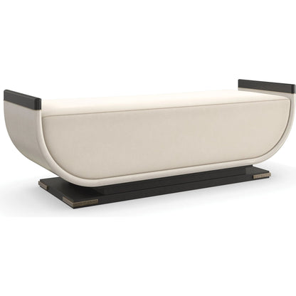 Crete End of Bed Bench by Caracole in ivory, gold and charred bark, brushed gold paint, ivory craze. Made from poplar, dyed makore in a unique style.