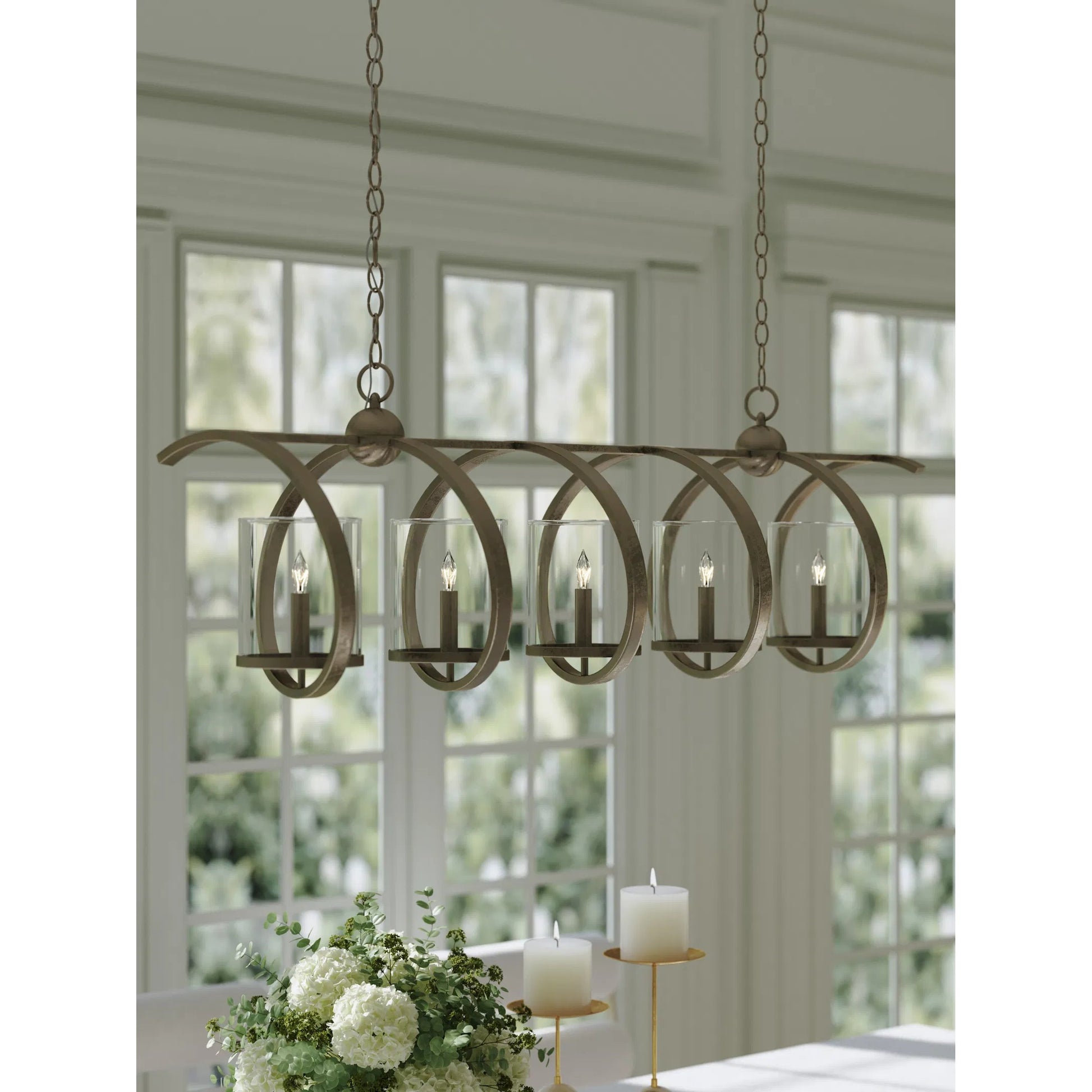 Maximus Chandelier by Currey and Company. Made from wrought iron, glass in a modern style.