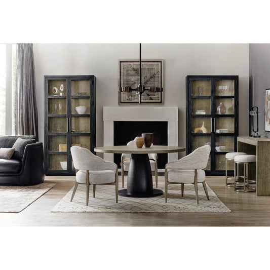 Linville Falls Blue Ridge Round Dining Table by Hooker Furniture in mink, black. Made from oak veneers in a modern style.