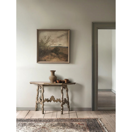 Caldera Curved Console Table by Jonathan Charles in light spain painted walnut. Made from acacia in a unique style.