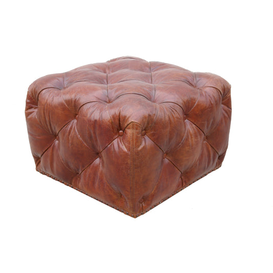 Paris Club Ottoman by Pasargad Home in brown. Made from leather in a rustic style.