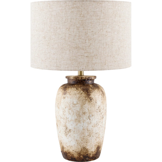 Ostuni Accent Table Lamp by Surya in cream, gold. Made from cement, linen, plastic, iron in a rustic style.