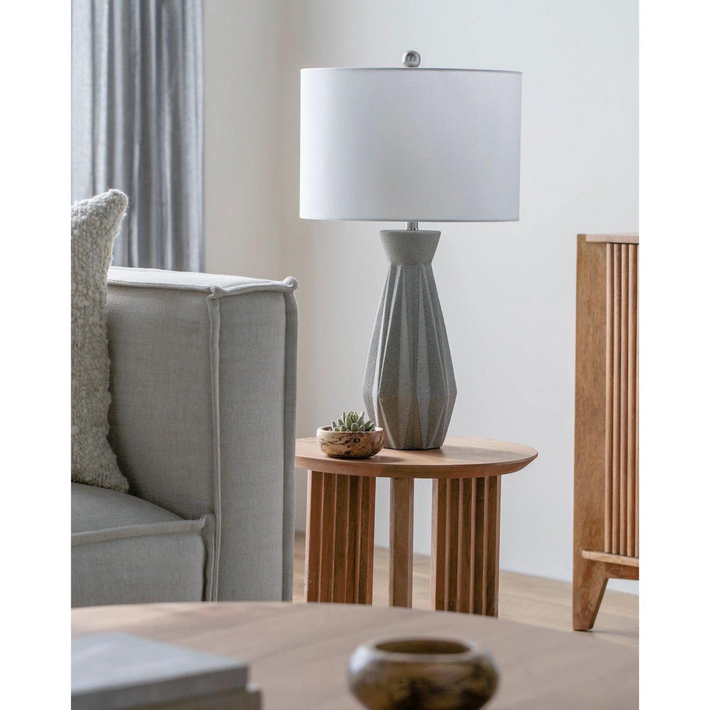 003 SI-2099855 | Lifestyle | Octavio Table Lamp - 524592 by Surya in white, gray, metallic nickel, translucent and hand finishedplatedplated. Made from cement, metal, cotton in a modern style.
