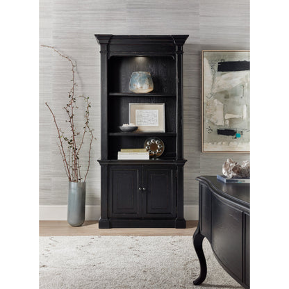 Bristowe Bookcase by Hooker Furniture in tuxedo black. Made from pecan veneers in a modern style.