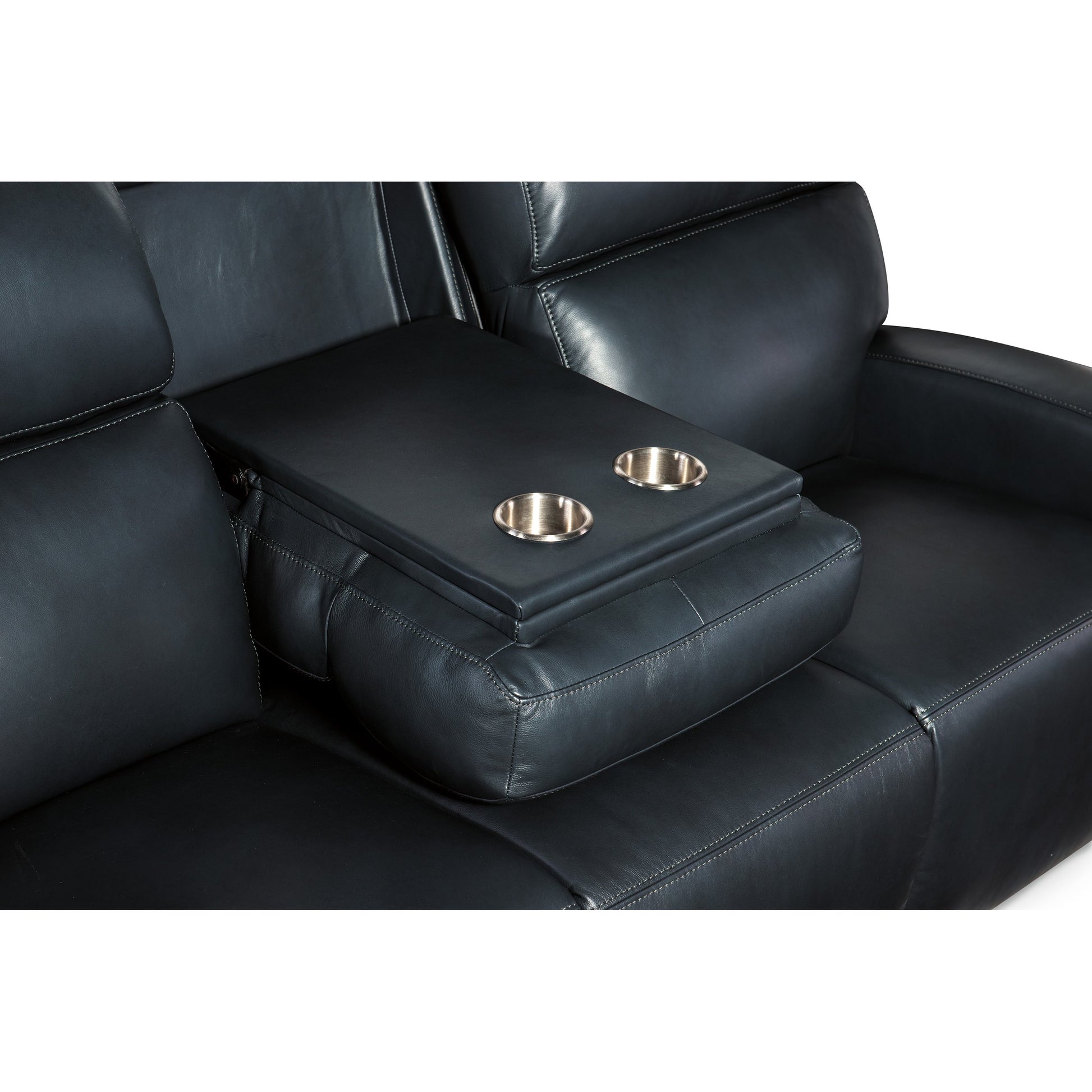 Ruthe Zerog Power Sofa by Hooker Furniture in salvo denim. Made from leather in a traditional style.