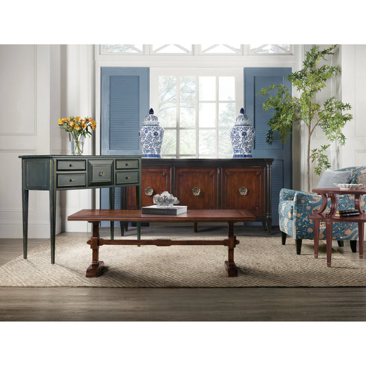 Charleston Five-Drawer Console Table by Hooker Furniture in charleston green. Made from maple veneers in a transitional style.