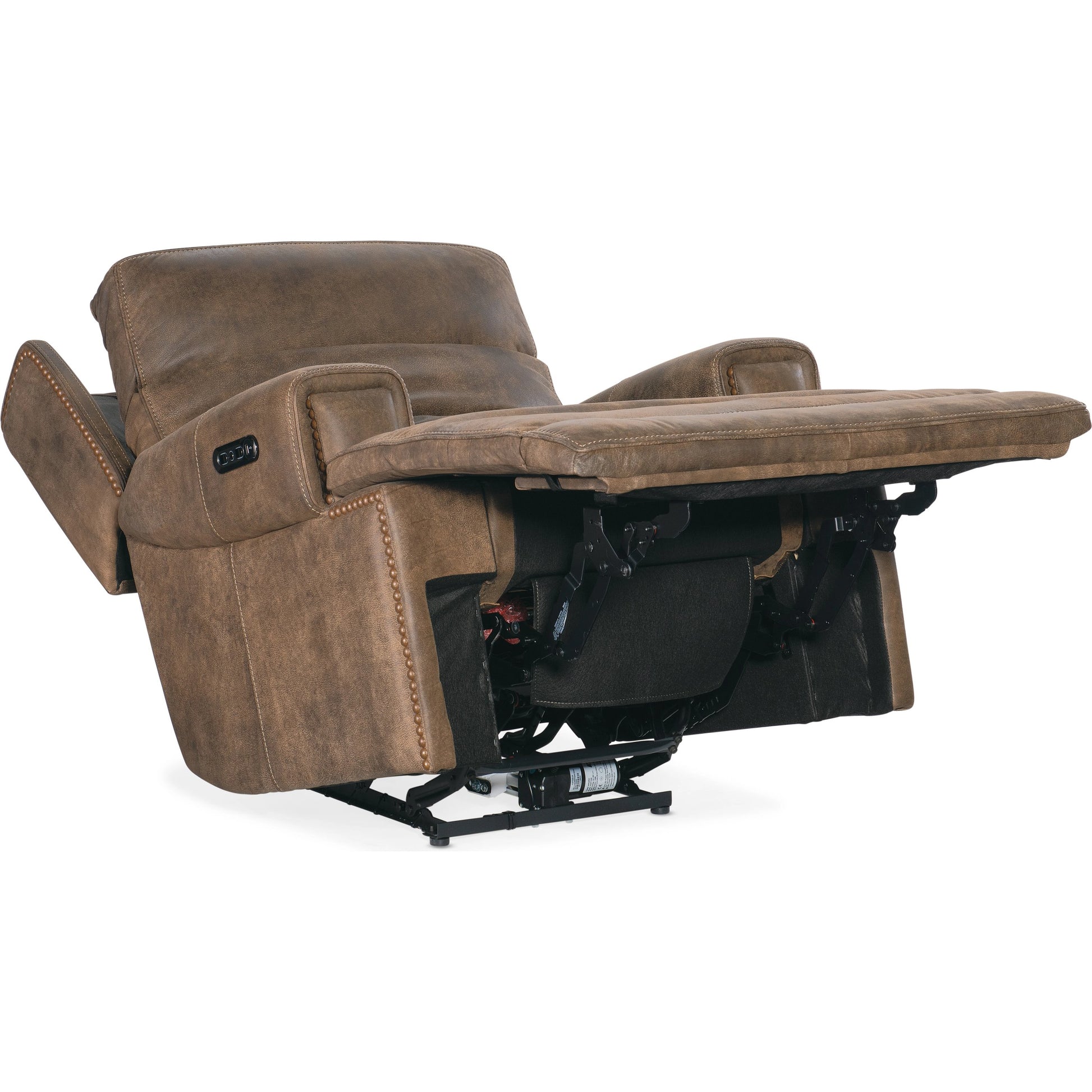 Wheeler Power Recliner by Hooker Furniture in seville timber. Made from leather, seville timber (aniline). seville timber features natural hallmarks of the trail such as fat wrinkles healed scars, scratches, mite marks. w