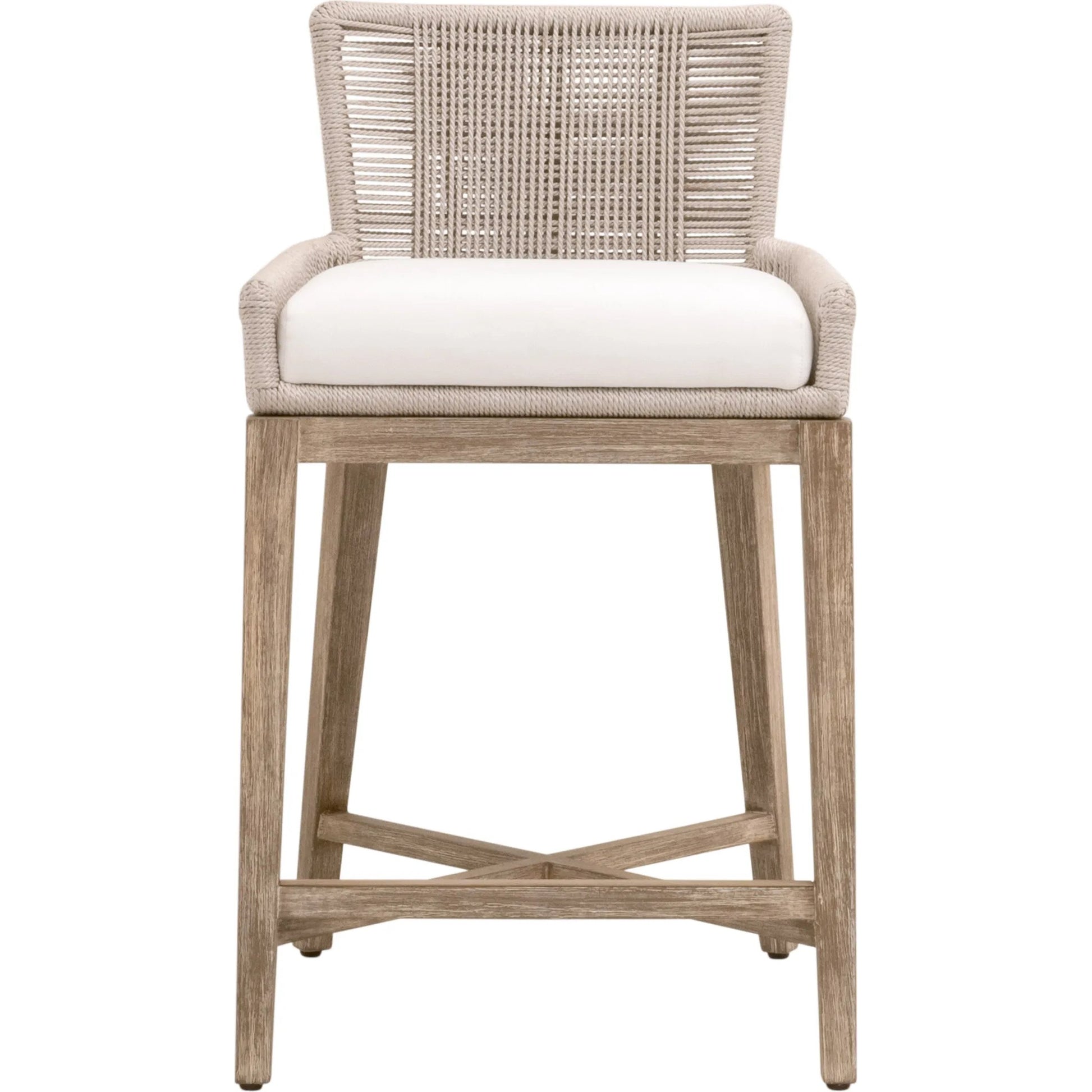 Overlay Counter Stool by Essentials For Living in oyster twist rope, livesmart peyton, pearl, natural gray mahogany. Made from solid mahogany wood, aluminum in a transitional style.