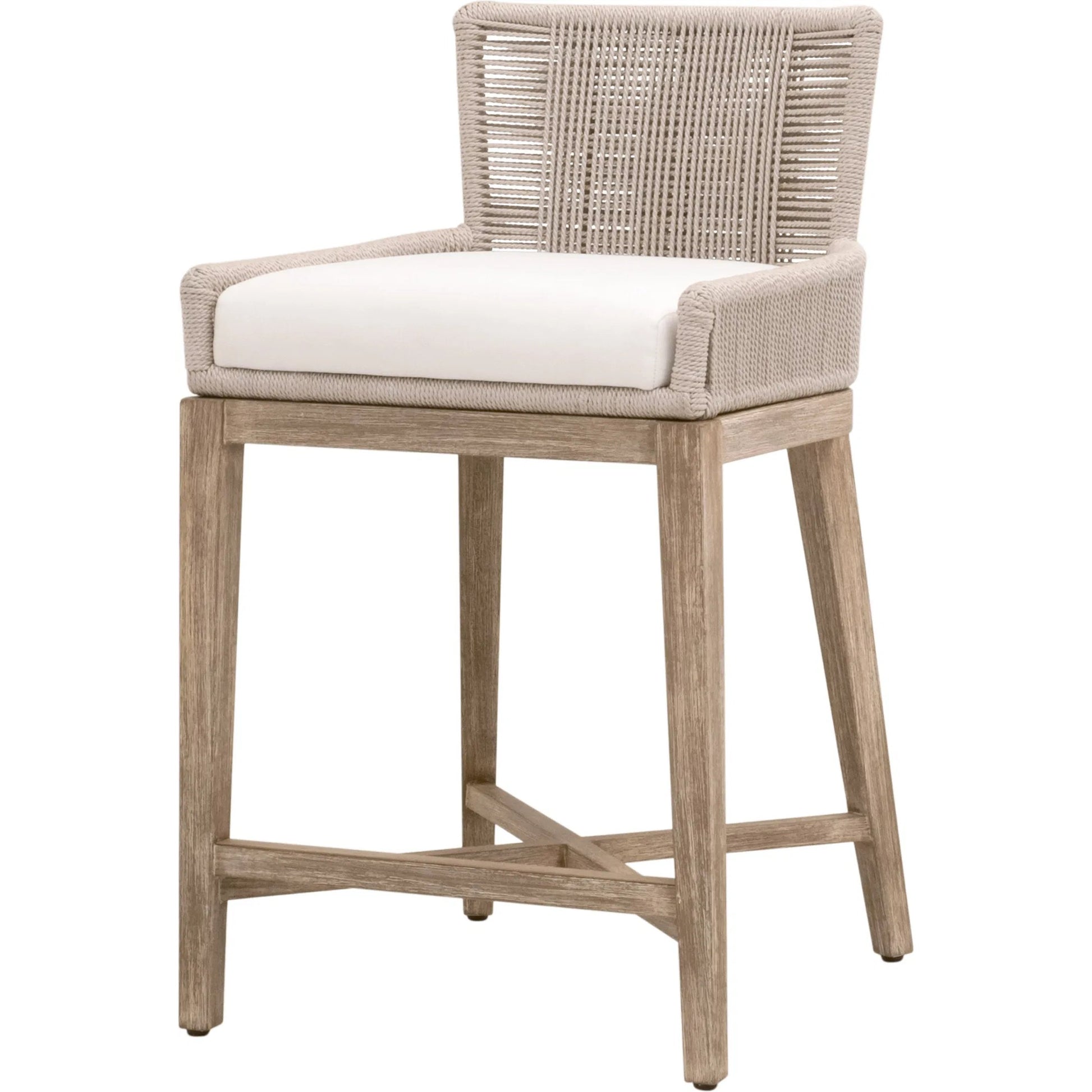 Overlay Counter Stool by Essentials For Living in oyster twist rope, livesmart peyton, pearl, natural gray mahogany. Made from solid mahogany wood, aluminum in a transitional style.