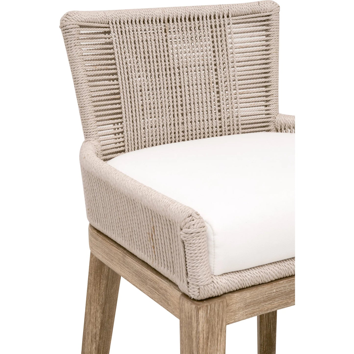 003 SI-2292642 | Closeup | Overlay Counter Stool by Essentials For Living in oyster twist rope, livesmart peyton, pearl, natural gray mahogany. Made from solid mahogany wood, aluminum in a transitional style.
