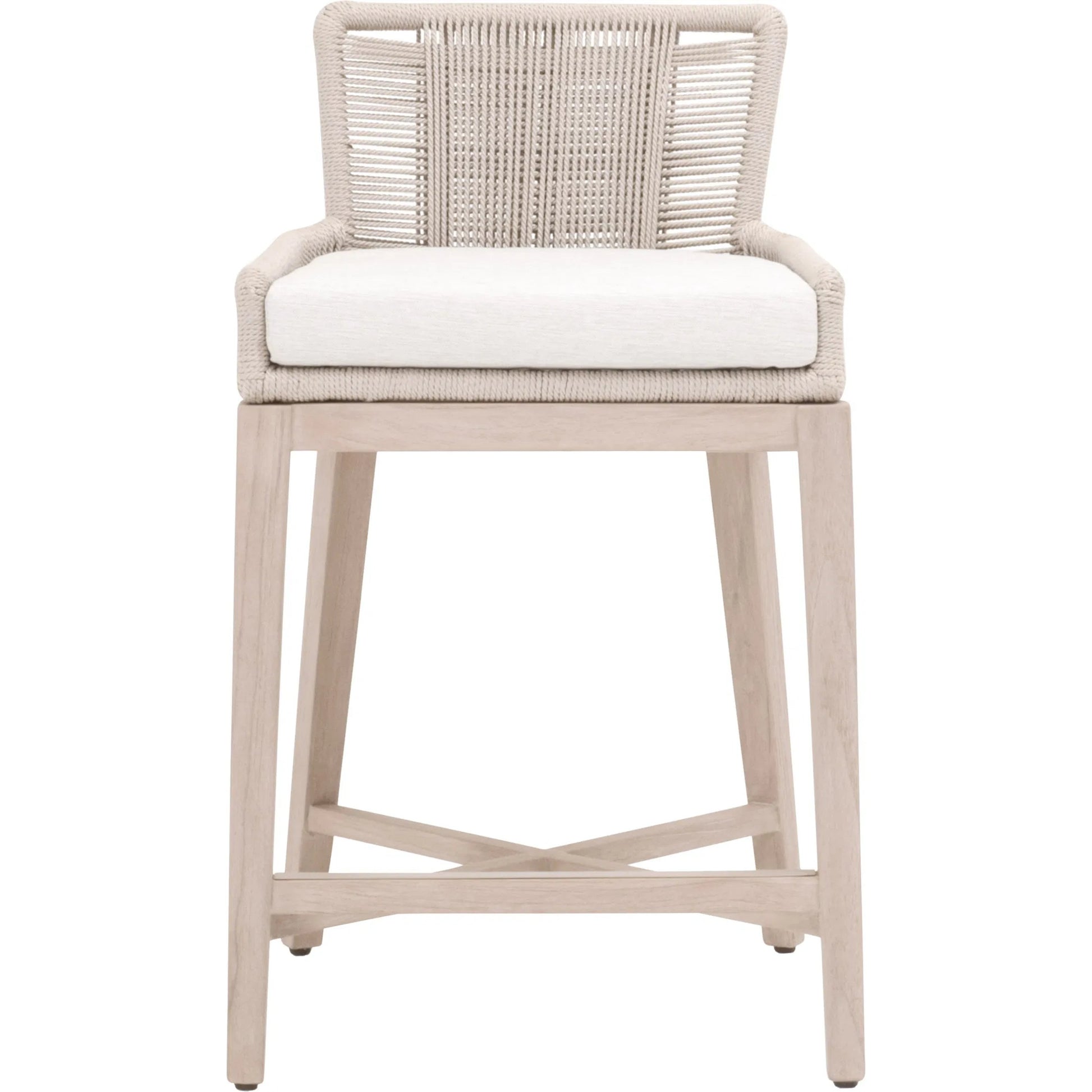 Overlay Outdoor Counter Stool by Essentials For Living in oyster twist rope, performance white speckle, washed ever teak. Made from solid teak wood, aluminum in a transitional style.
