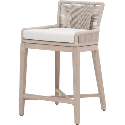 Overlay Outdoor Counter Stool by Essentials For Living in oyster twist rope, performance white speckle, washed ever teak. Made from solid teak wood, aluminum in a transitional style.