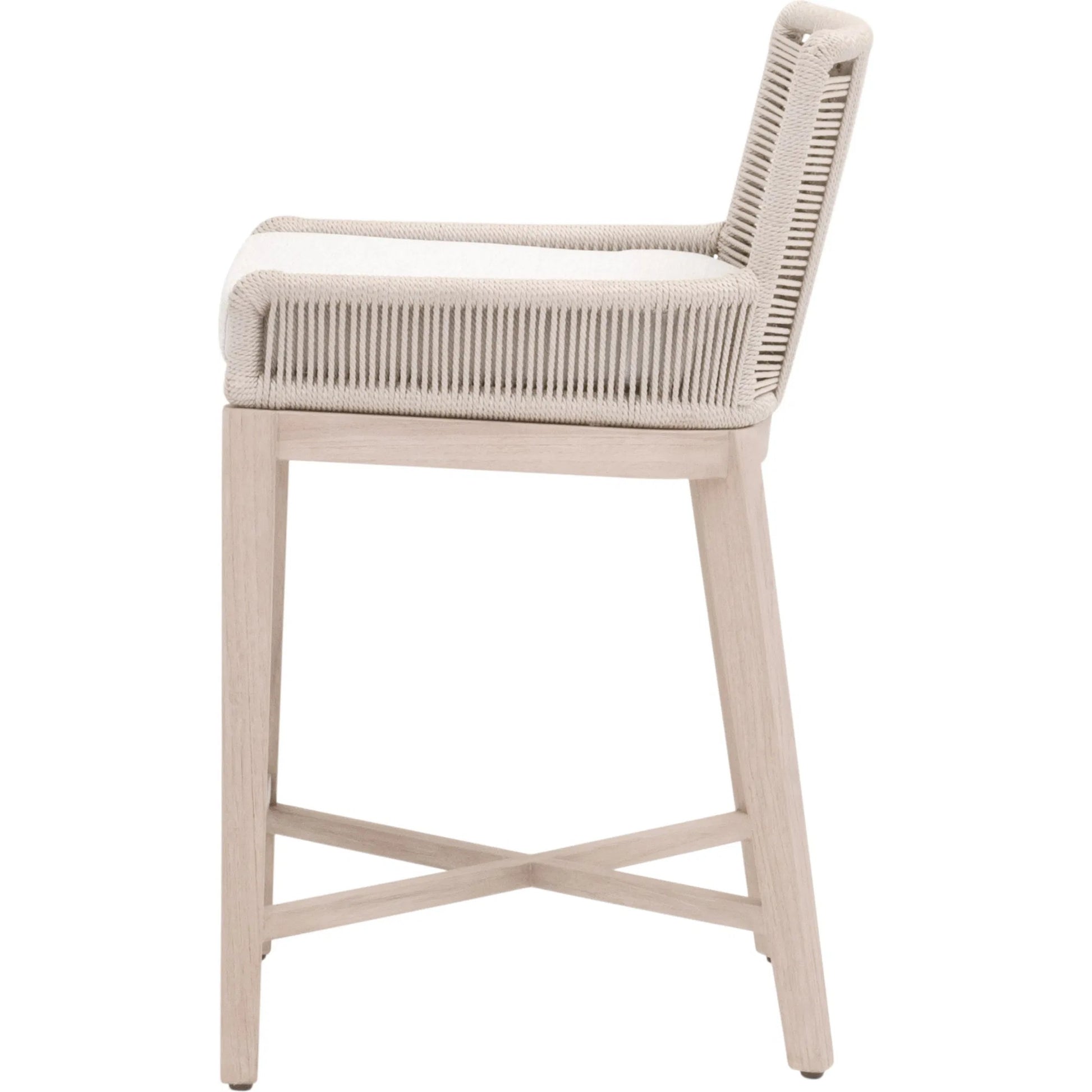 Overlay Outdoor Counter Stool by Essentials For Living in oyster twist rope, performance white speckle, washed ever teak. Made from solid teak wood, aluminum in a transitional style.