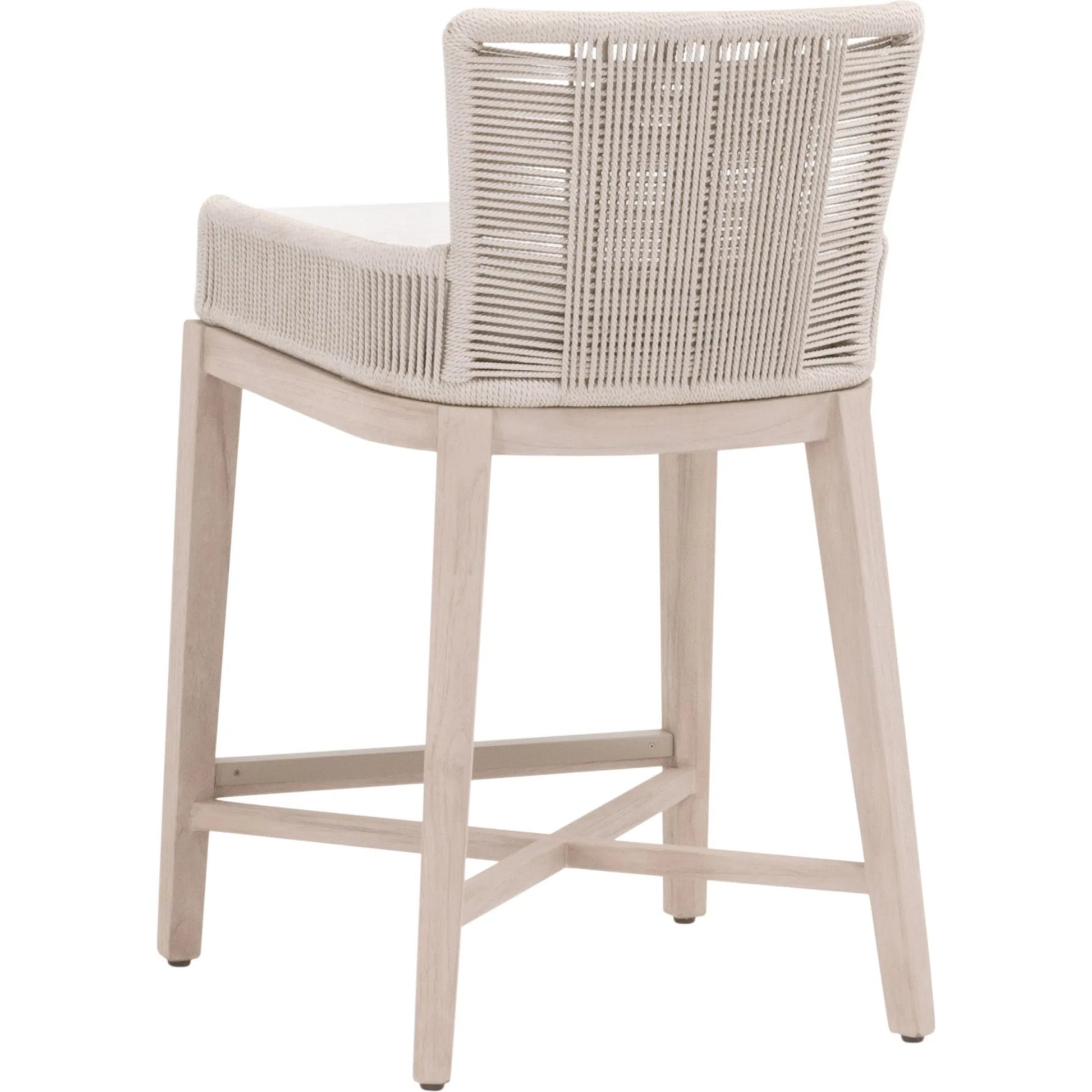 Overlay Outdoor Counter Stool by Essentials For Living in oyster twist rope, performance white speckle, washed ever teak. Made from solid teak wood, aluminum in a transitional style.