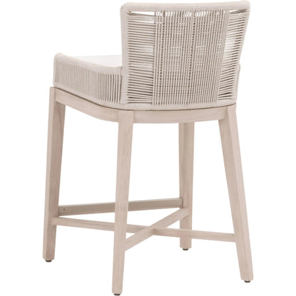 Overlay Outdoor Counter Stool by Essentials For Living in oyster twist rope, performance white speckle, washed ever teak. Made from solid teak wood, aluminum in a transitional style.
