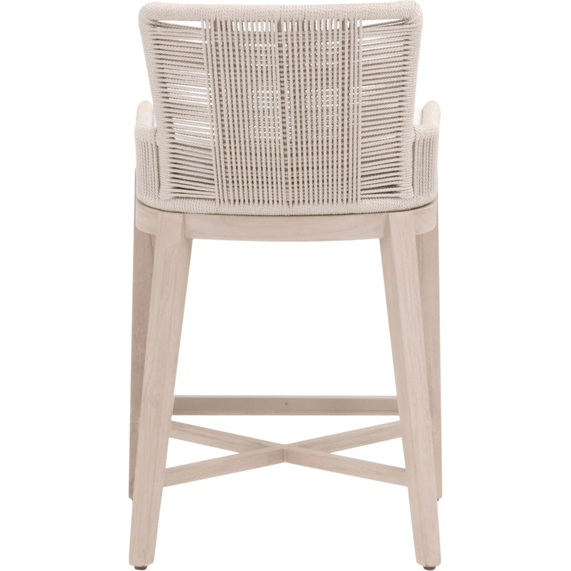 Overlay Outdoor Counter Stool by Essentials For Living in oyster twist rope, performance white speckle, washed ever teak. Made from solid teak wood, aluminum in a transitional style.