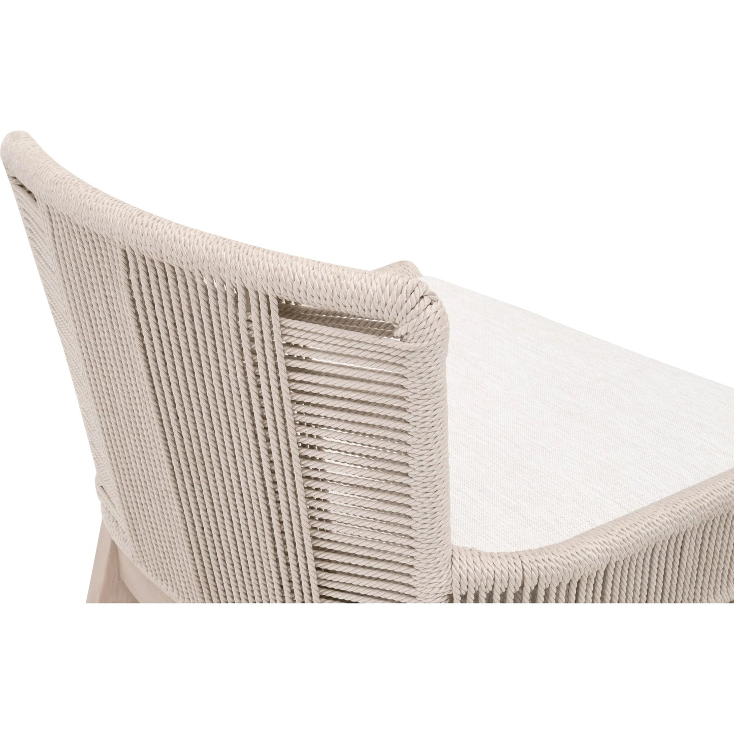 002 SI-2374655 | Closeup | Overlay Outdoor Counter Stool by Essentials For Living in oyster twist rope, performance white speckle, washed ever teak. Made from solid teak wood, aluminum in a transitional style.