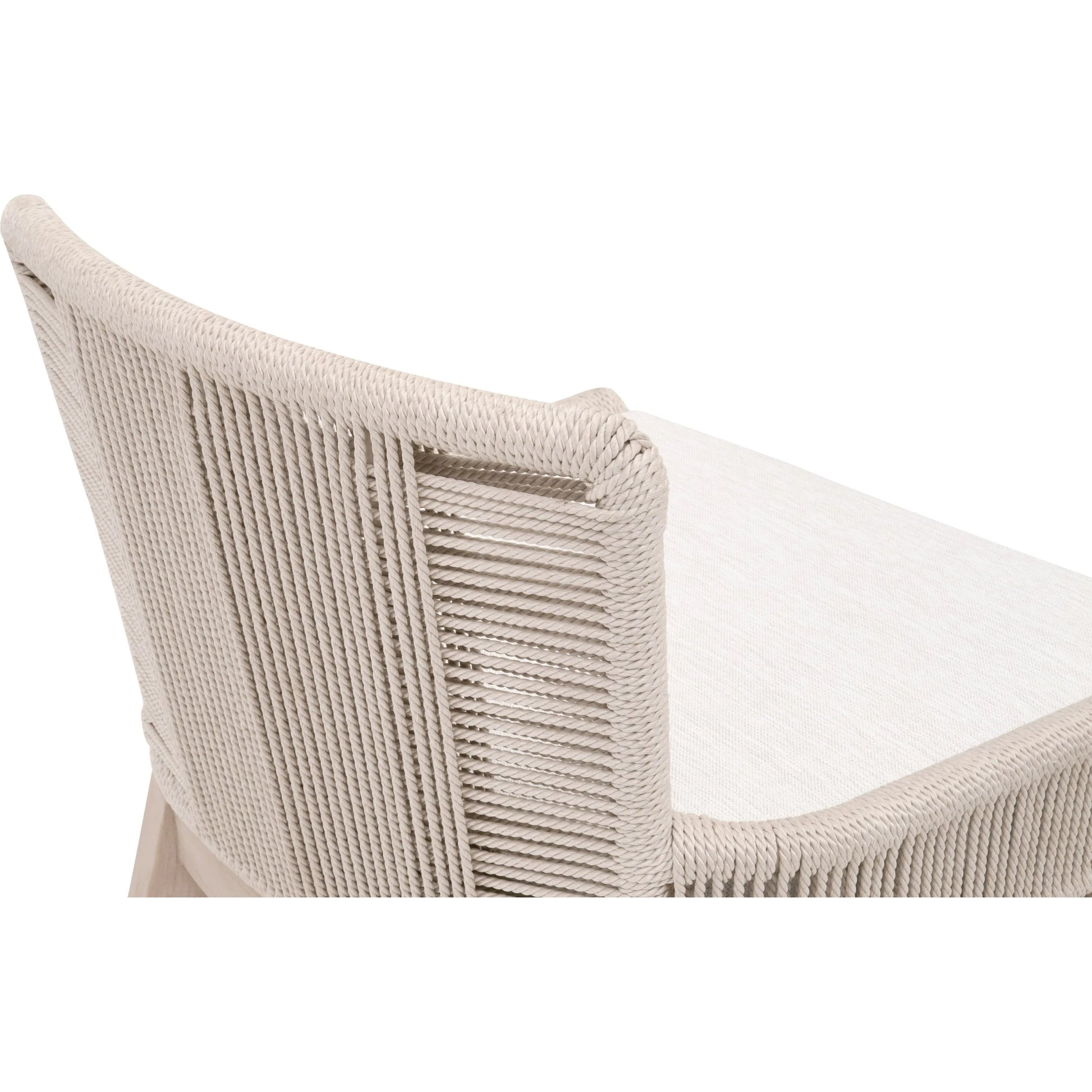 Overlay Outdoor Counter Stool by Essentials For Living in oyster twist rope, performance white speckle, washed ever teak. Made from solid teak wood, aluminum in a transitional style.