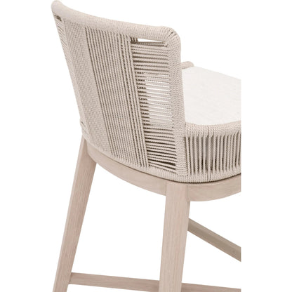 Overlay Outdoor Counter Stool by Essentials For Living in oyster twist rope, performance white speckle, washed ever teak. Made from solid teak wood, aluminum in a transitional style.