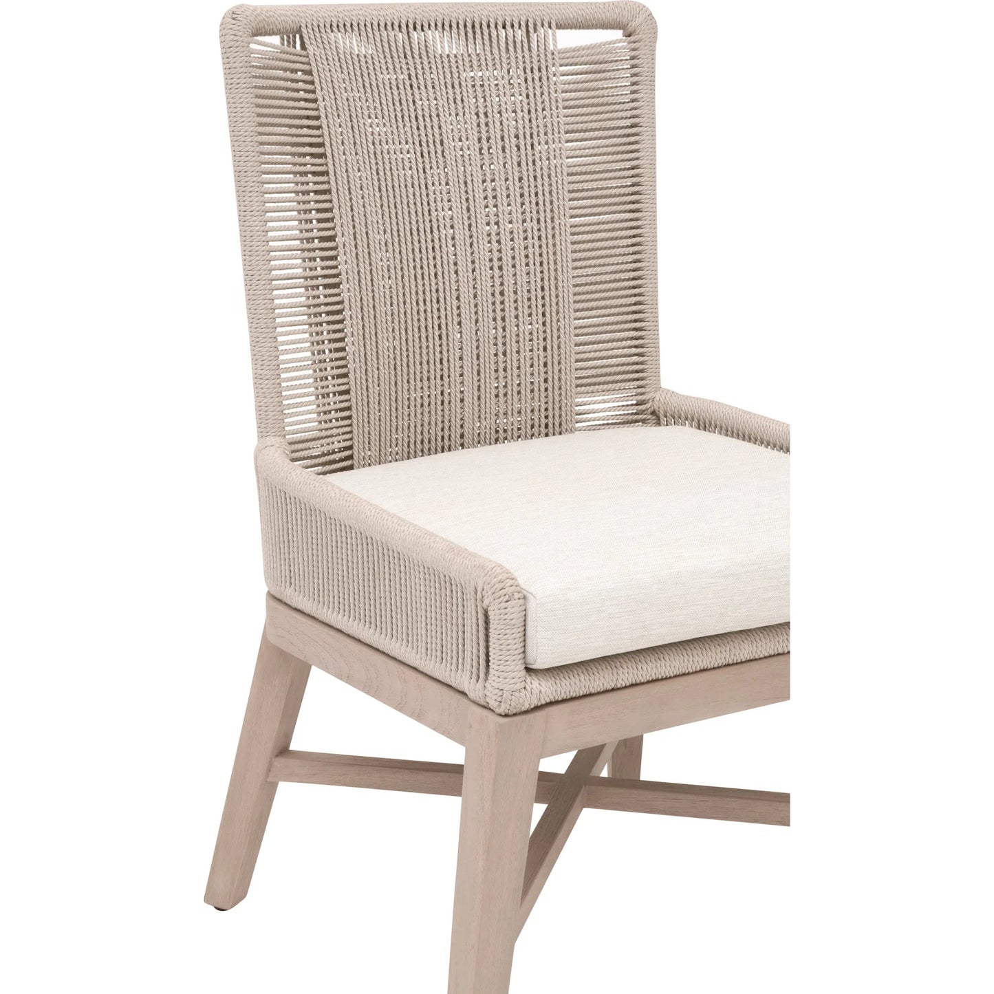 002 SI-2374656 | Closeup | Overlay Outdoor Dining Chair (Set of 2) by Essentials For Living in oyster twist rope, performance white speckle, washed ever teak. Made from solid teak wood, aluminum in a transitional style.