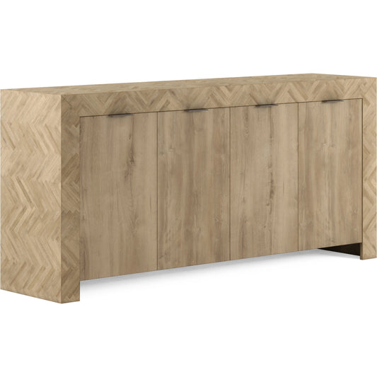Garrison Credenza by A.R.T. Furniture in washed oak, burnished brass. Made from parawood solids with ash embossing, white oak veneers, metal in a cottage & farmhouse style.