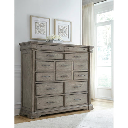 Madison Ridge Master Chest by Pulaski Furniture in bluff grey. Made from asian hardwood, oak veneers in a traditional style.