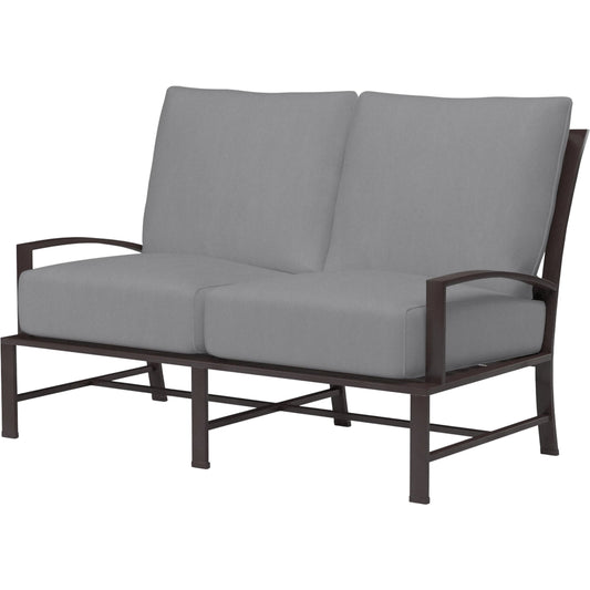 La Jolla Outdoor  Loveseat by Sunset West in browns. Made from aluminum in a modern style.
