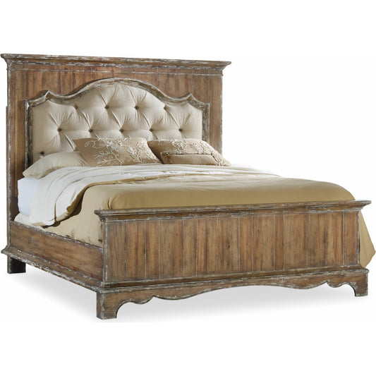 Chatelet Upholstered Mantle Bed by Hooker Furniture in beige and caramel froth, turtle dove. Made from pecan veneers, resin, fabric in a unique style.