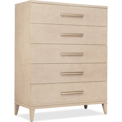 Westwood Five Drawer Chest by Hooker Furniture in light wood and polished limestone. Made from oak veneers in a transitional style.