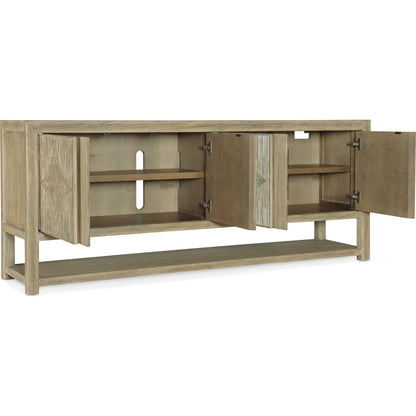 Surfrider Entertainment Console by Hooker Furniture in driftwood. Made from pecan veneers, resin, solid-wood edge top in a coastal style.