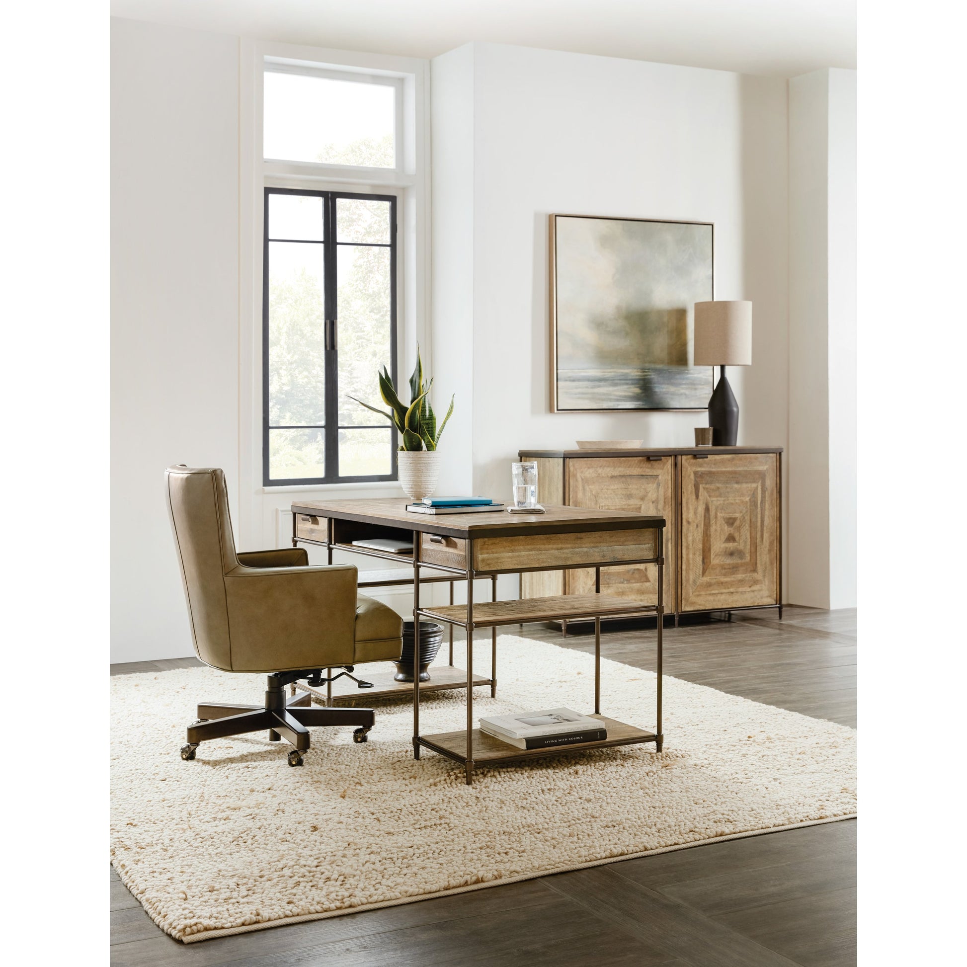 St. Armand Writing Desk by Hooker Furniture. Made from acacia solids with round metal tube, metal sheet in a modern style.