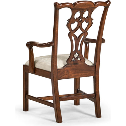 Buckingham Chippendale Antique Mahogany Arm Chair by Jonathan Charles in skipper and medium antique mahogany. Made from acacia, fabric in a traditional style.