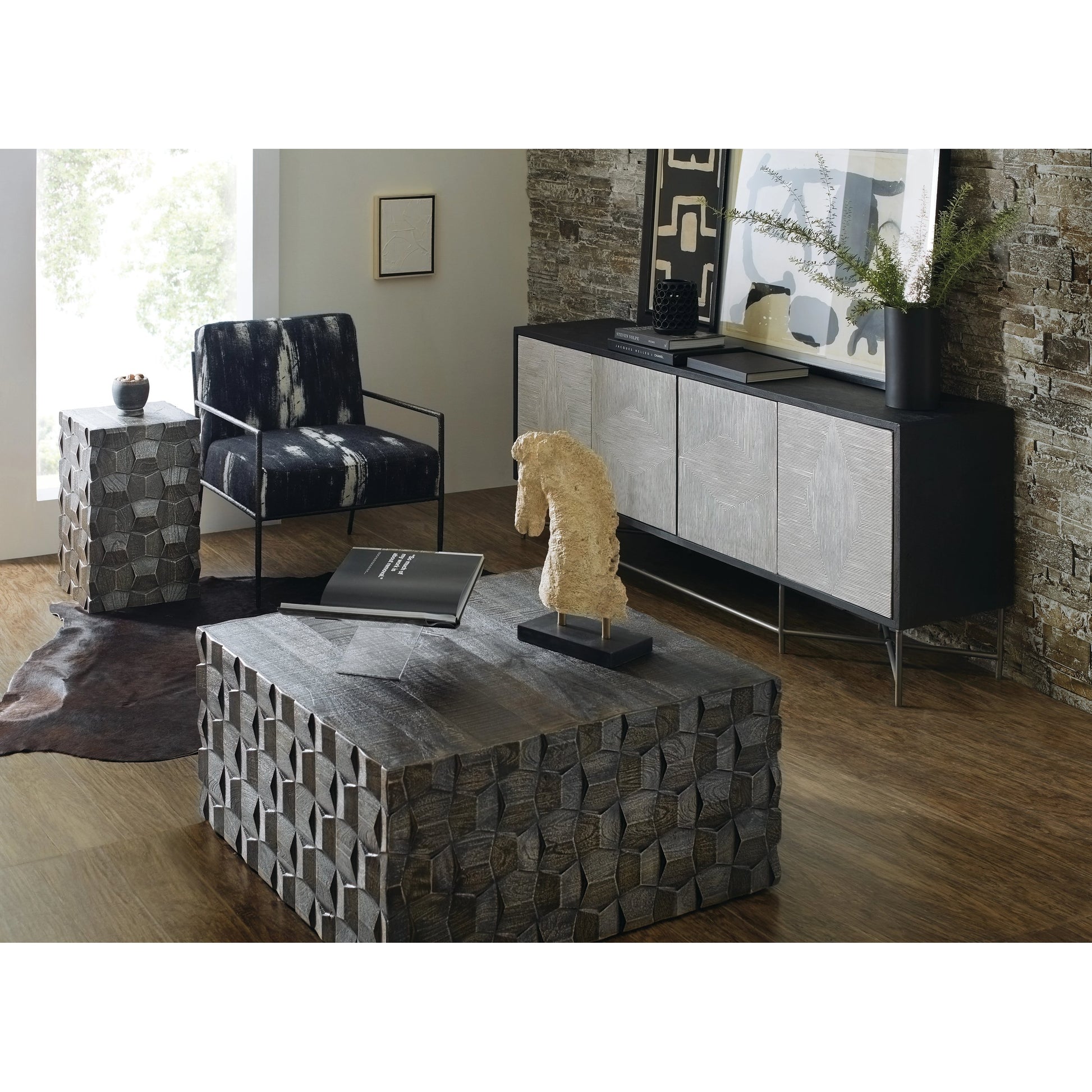 Commerce and Market Fine Lines Credenza by Hooker Furniture in black. Made from mango solids, bone, iron in a modern style.