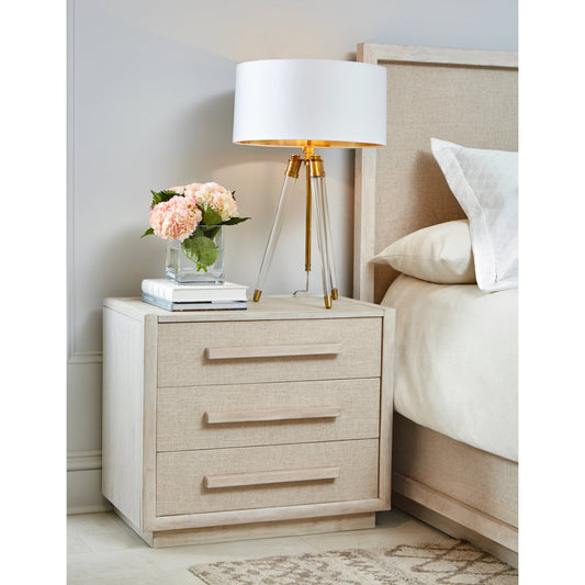 Cotiere Nightstand by A.R.T. Furniture in beige and linen. Made from parawood solids, mixed split cathedral and quarter white oak veneers, fabric in a modern style.