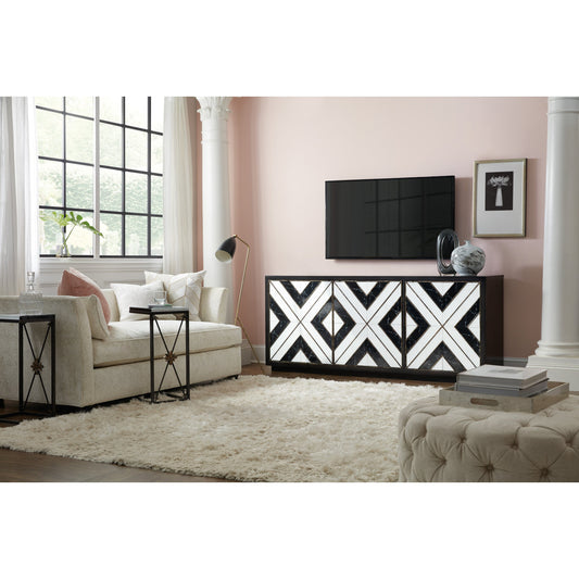 Sanctuary Noir Et Blanc Entertainment Console by Hooker Furniture in noir. Made from oak veneers, glass in a modern style.