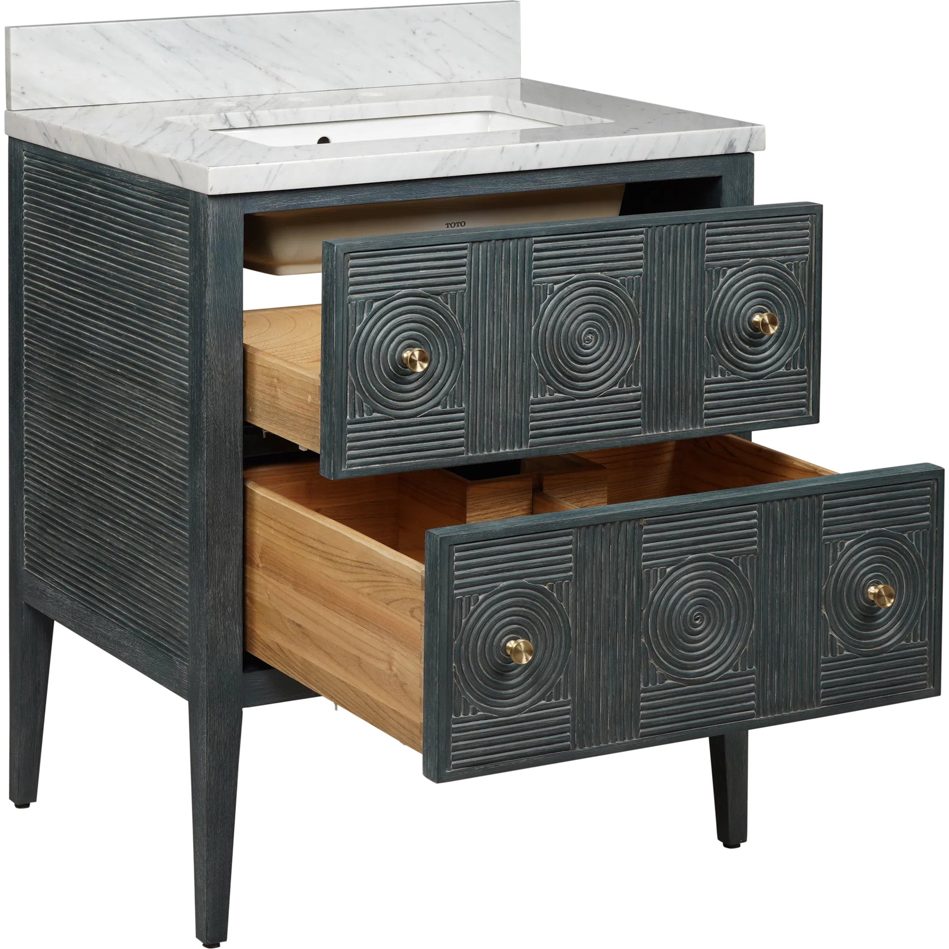Santos 28" Vanity with Undermount Sink by Currey and Company. Made from rattan, mahogany, carrara marble, vitreous china, sungkai wood, brass in a unique style.