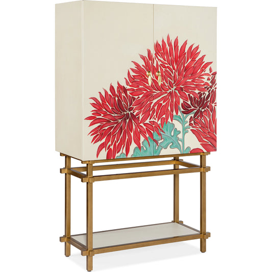 Melange Patrisha Bar Cabinet by Hooker Furniture in neutral linen, red. Made from wood, linen, metal, tempered glass, mirror in a modern style.