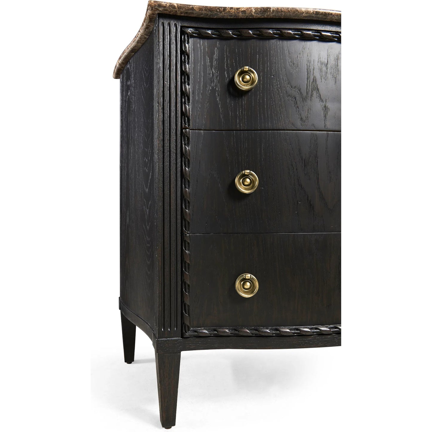 010 SI-2334501 | Closeup | Tangiers Drawer Chest by Jonathan Charles in brown, black and ebonized oak. Made from oak solids, flat-cut oak veneers, stone, brass in a traditional style.