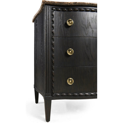 Tangiers Drawer Chest by Jonathan Charles in brown, black and ebonized oak. Made from oak solids, flat-cut oak veneers, stone, brass in a traditional style.