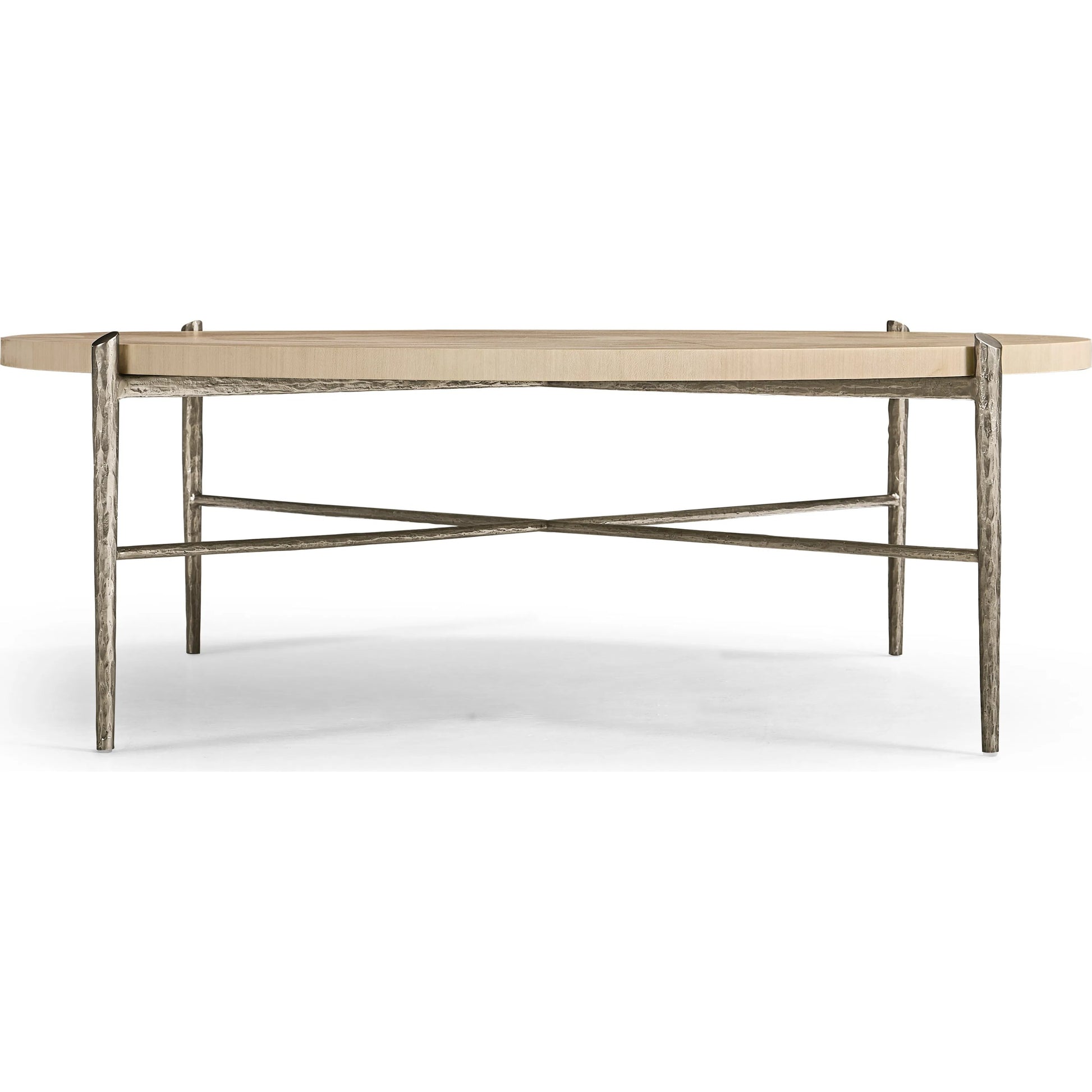 Tidepool Round Cocktail Table by Jonathan Charles in beige and natural dyed koto. Made from koto veneer, stainless steel in a transitional style.