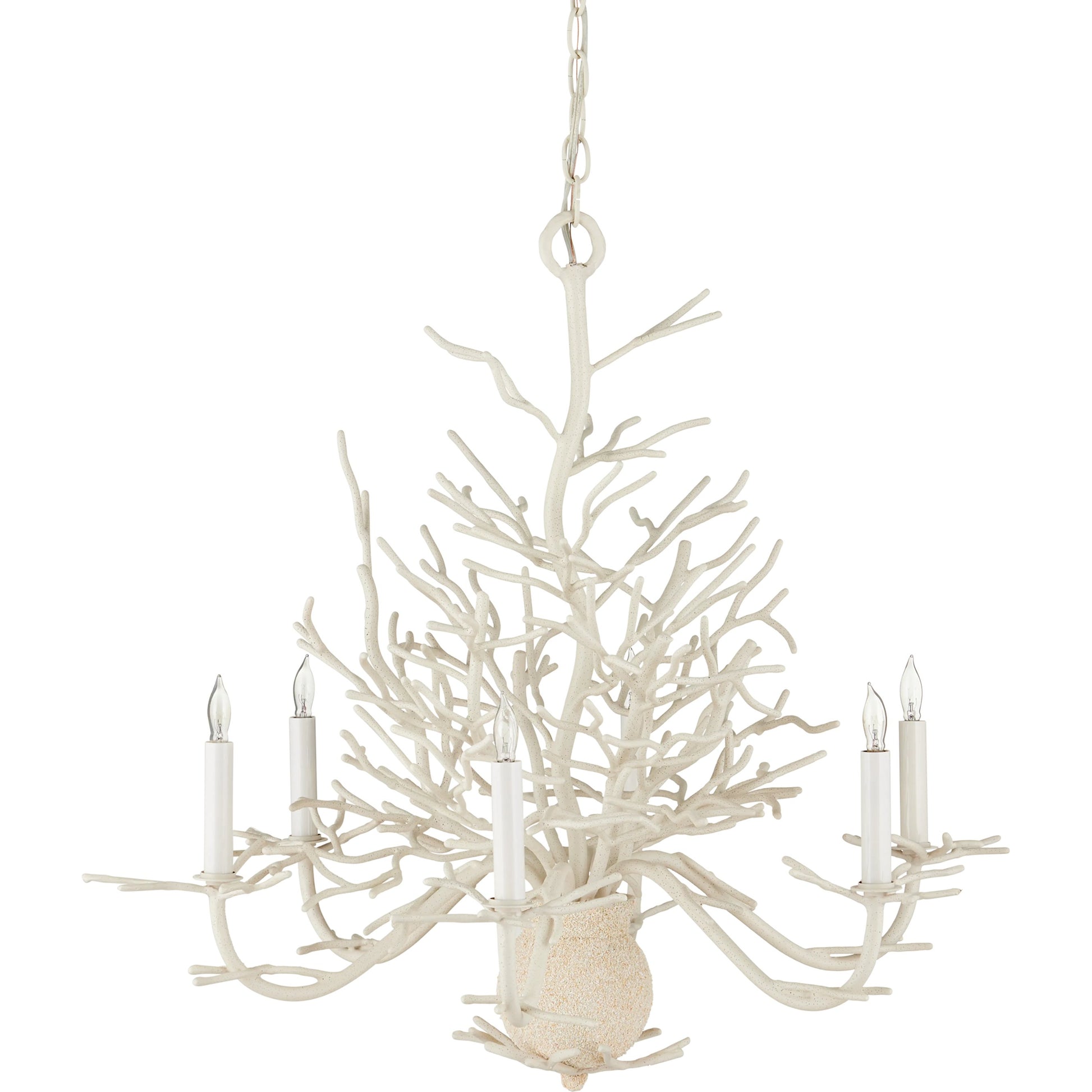 Seaward Chandelier by Currey and Company in white coral, natural sand. Made from wrought iron in a coastal style.