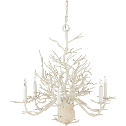 Seaward Chandelier by Currey and Company in white coral, natural sand. Made from wrought iron in a coastal style.