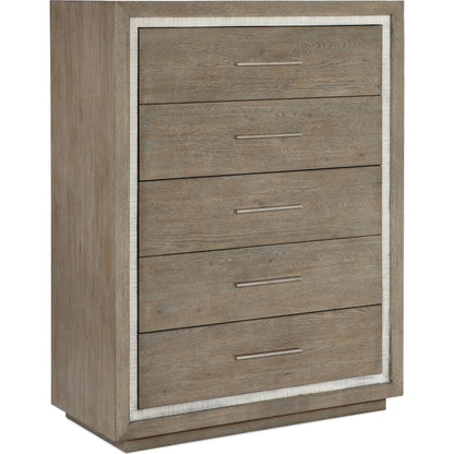 Serenity Five Drawer Chest by Hooker Furniture in malibu, champagne. Made from oak veneers, cedar, resin, felt in a modern style.