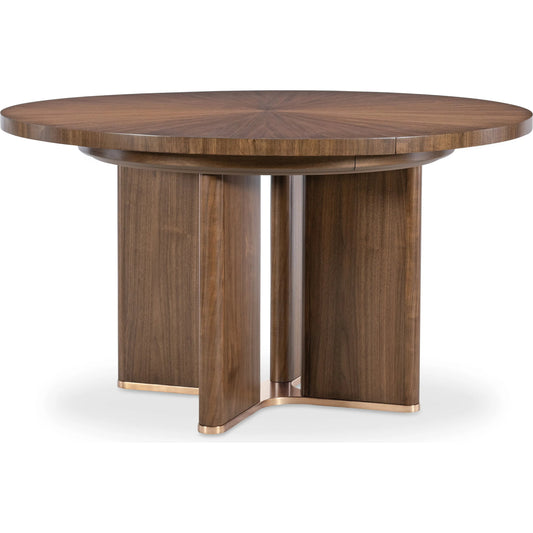 Eleana Round Dining Table with One 20-inch Leaf by Hooker Furniture in light caramel, sunlit bronze metal. Made from walnut veneers, metal in a modern style.