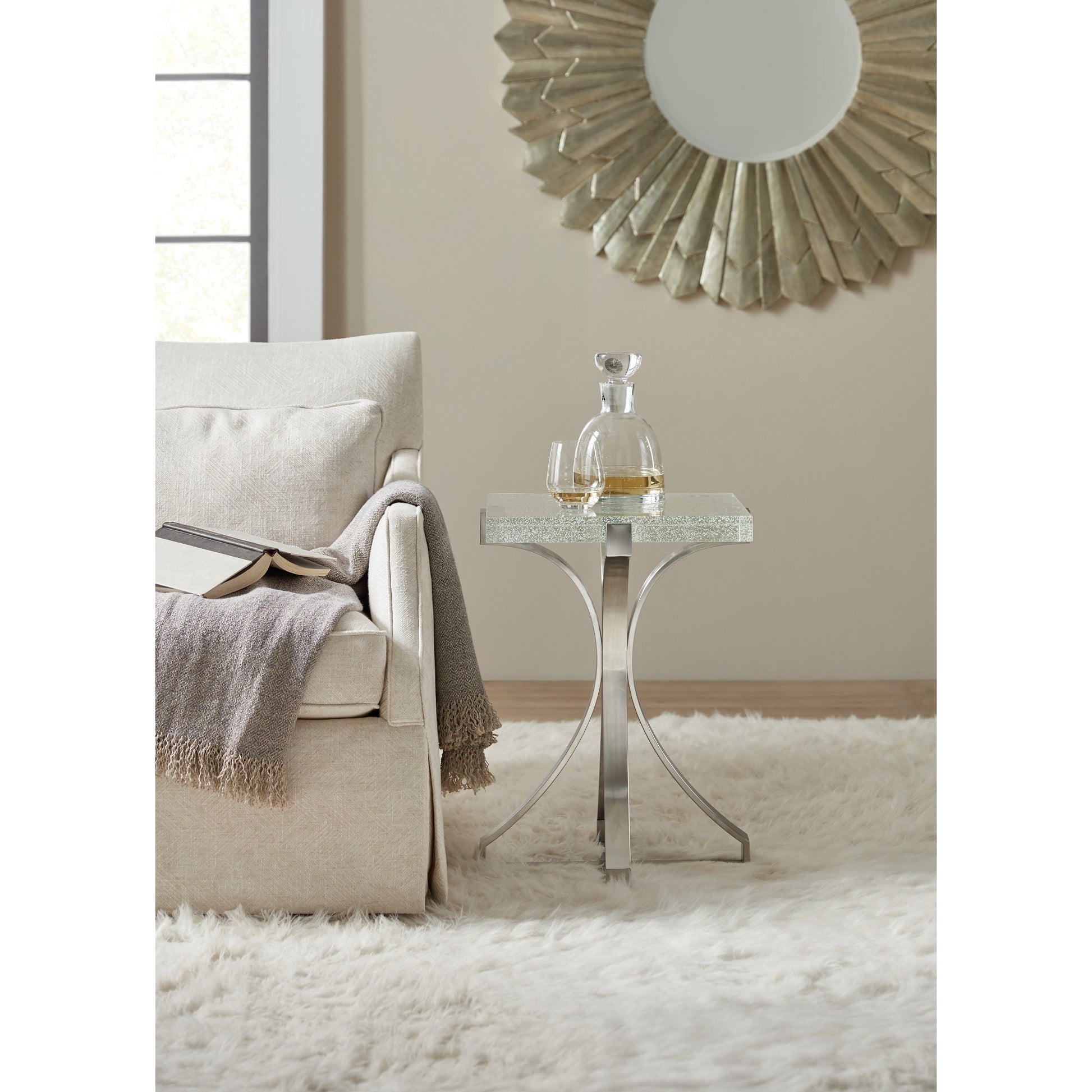 Bubble  Accent Table by Hooker Furniture in chrome. Made from bubble glass, stainless steel in a modern style.