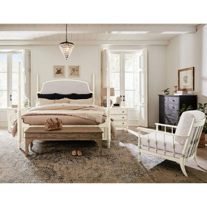 Americana California King Upholstered Poster Bed by Hooker Furniture in beige and worn white. Made from oak veneers and fabric in a traditional style.