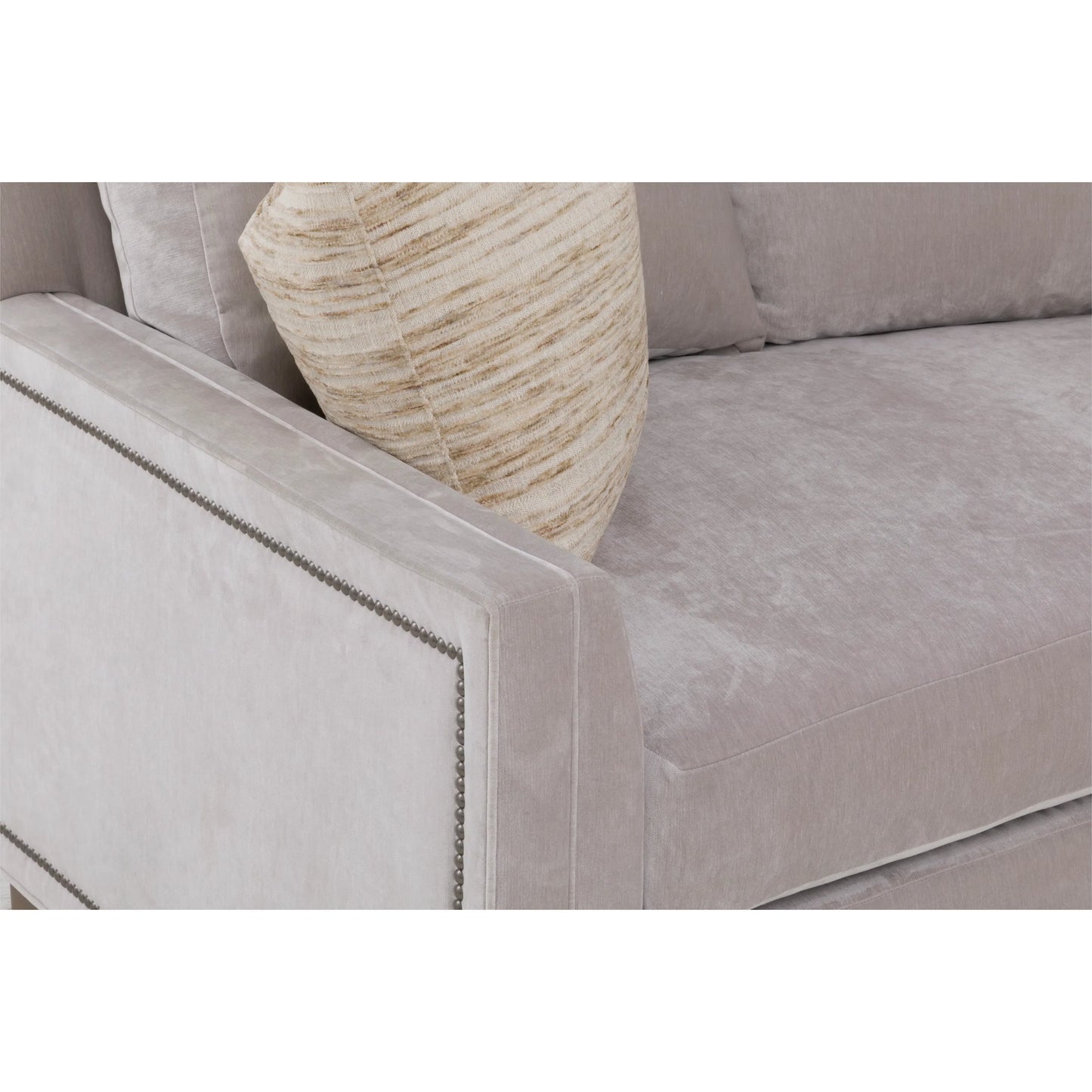 005 SI-2636143 | Closeup | Enzo Sofa w/2 Beach Contrast Pillows by Fairfield Chair in grey and platinum. Made from beech solids in a unique style.