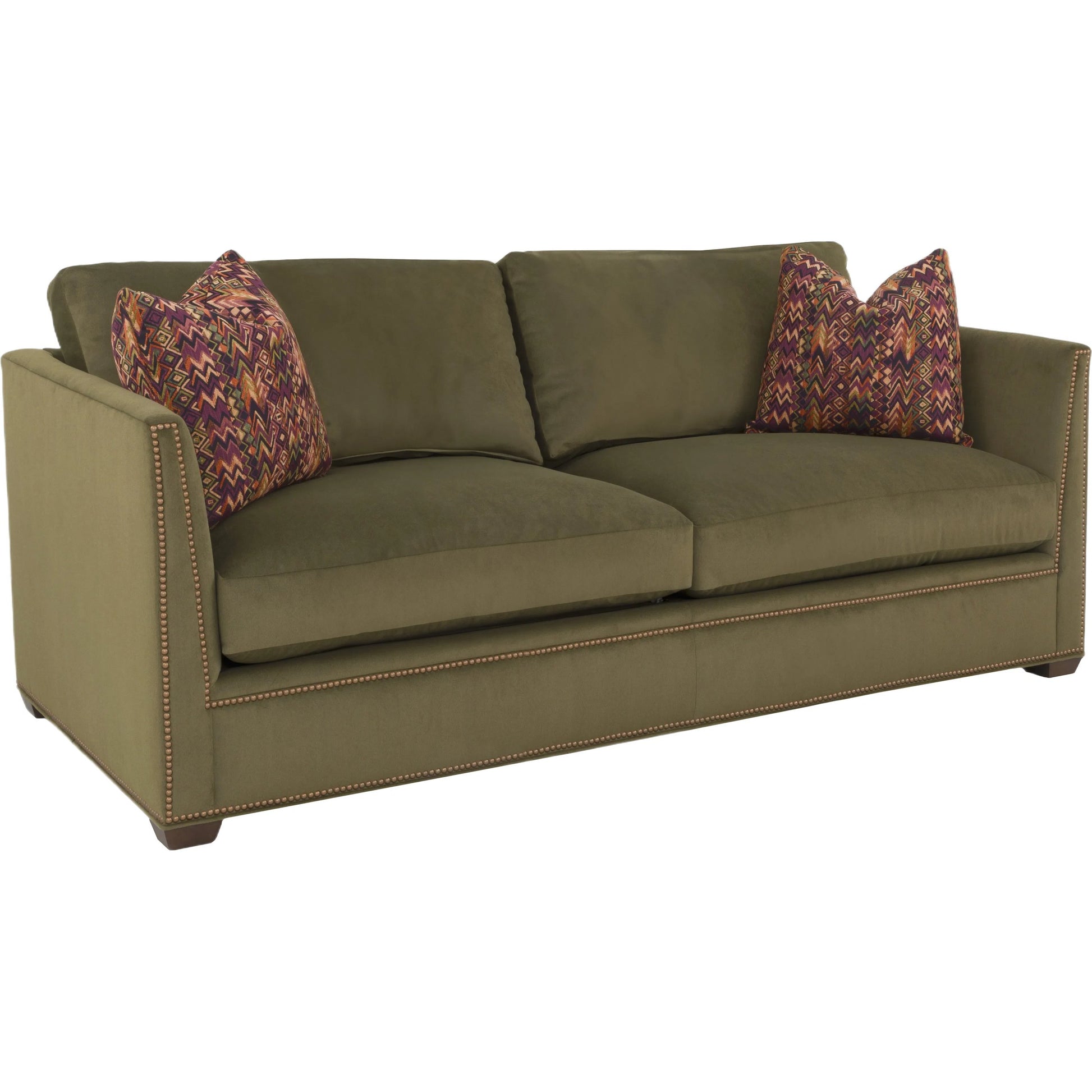 Chesterfield Sofa w/2 Contrast Pillows by Fairfield Chair in green and olive. Made from beech solids in a unique style.