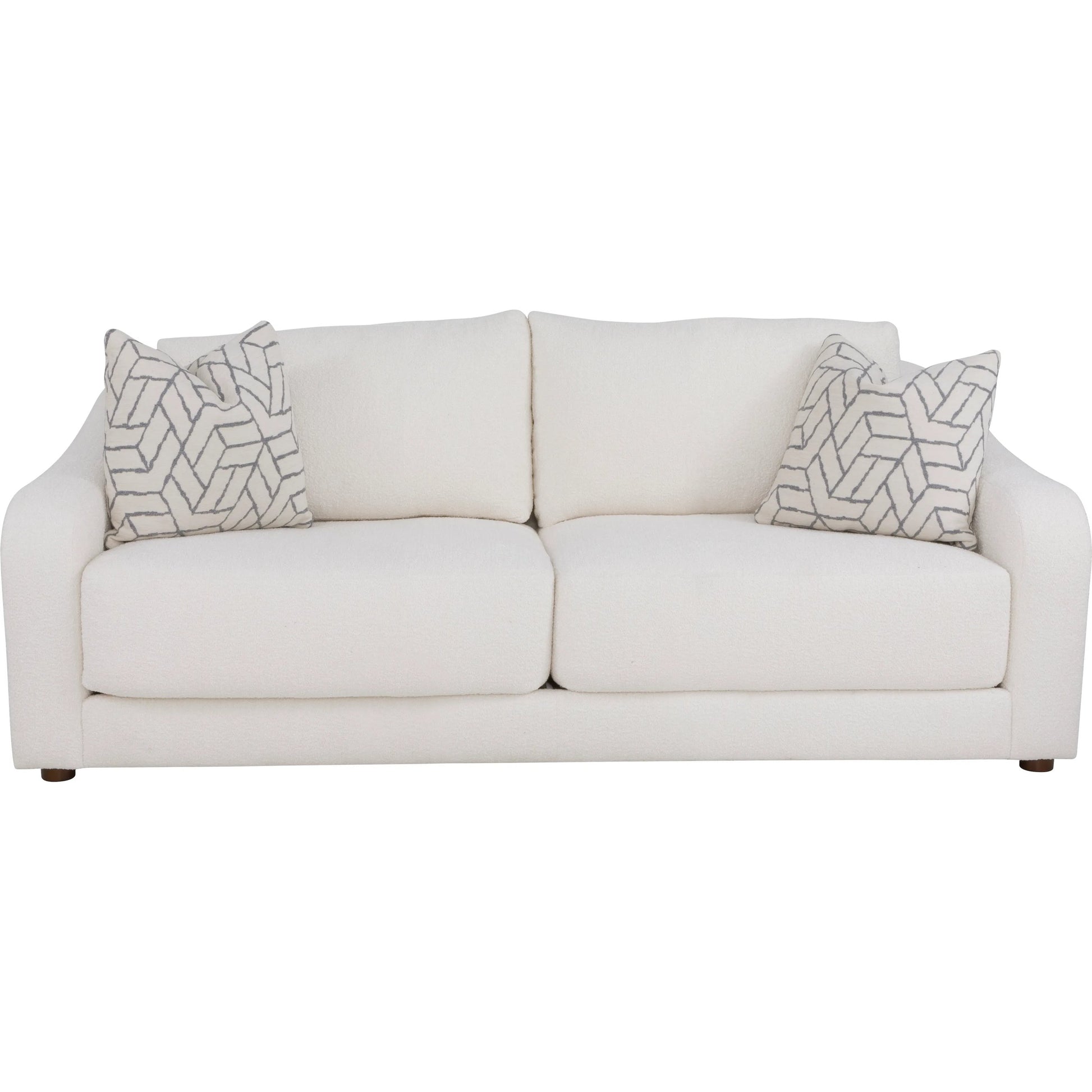 Hollis Sofa by Fairfield Chair in cream and white. Made from beech solids in a unique style.