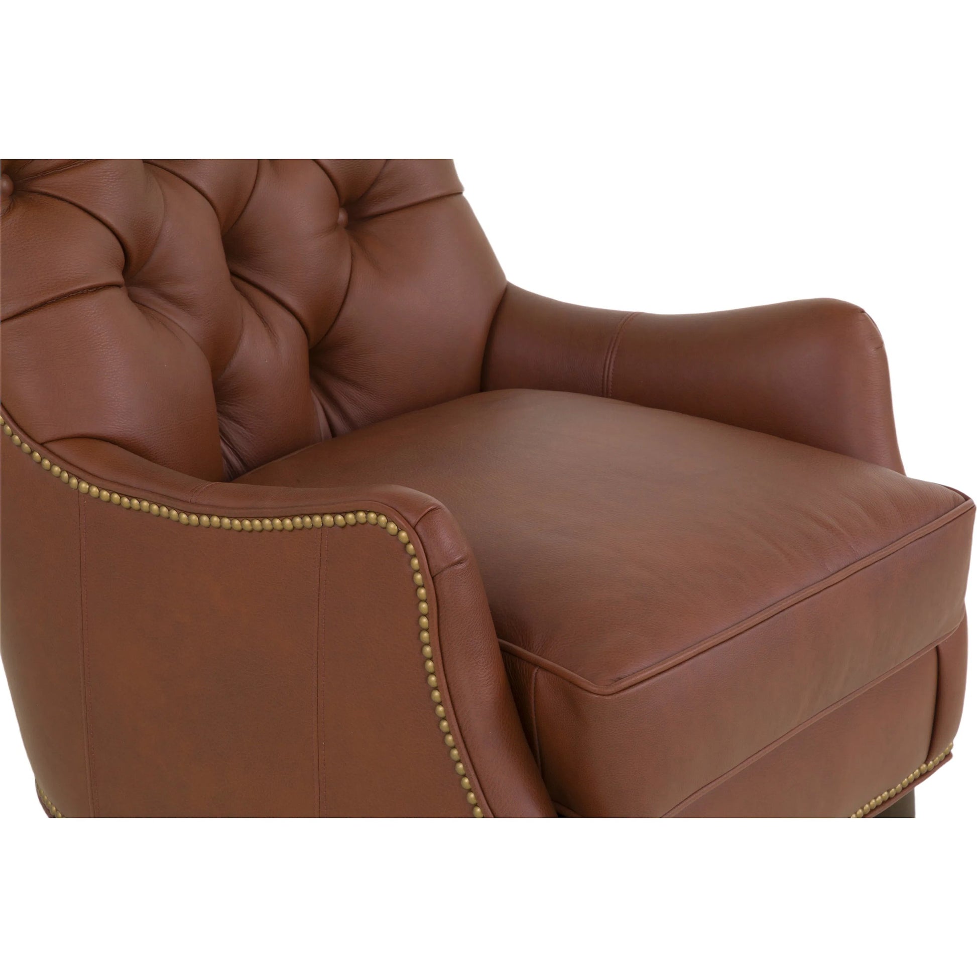 Arnold Tufted Lounge Chair by Fairfield Chair in brown and sycamore. Made from beech solids in a unique style.